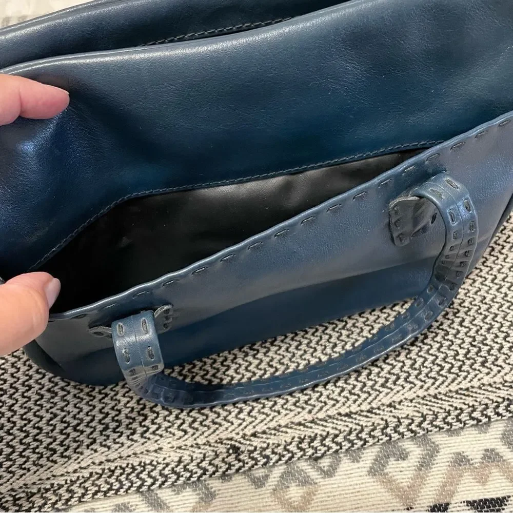 Vintage Ganson Navy Leather Short Handle Tote W/Stitching Detail Bag